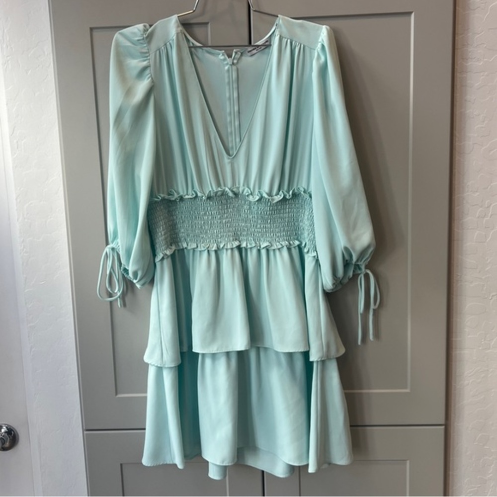 Amanda Uprichard Blue Longsleeve Boho Fairy Mini Ruched Layered Dress Designer